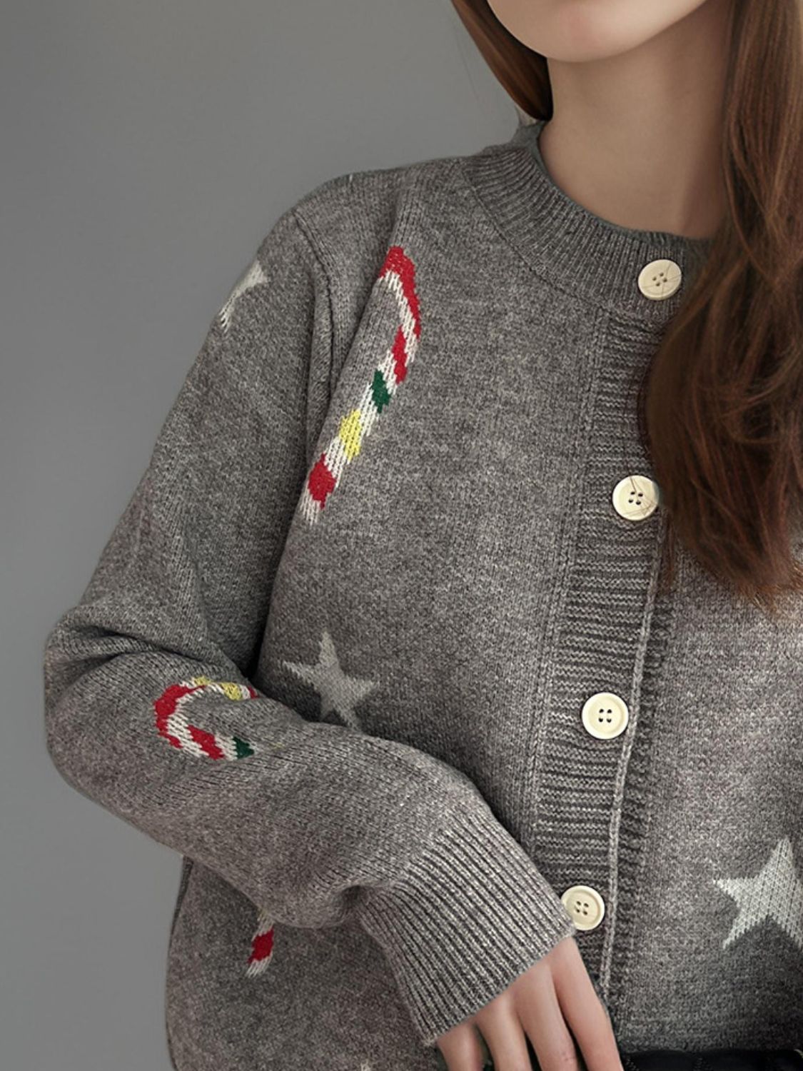 Women Candy Cane & Star Button Down Long Sleeve Christmas Cardigan