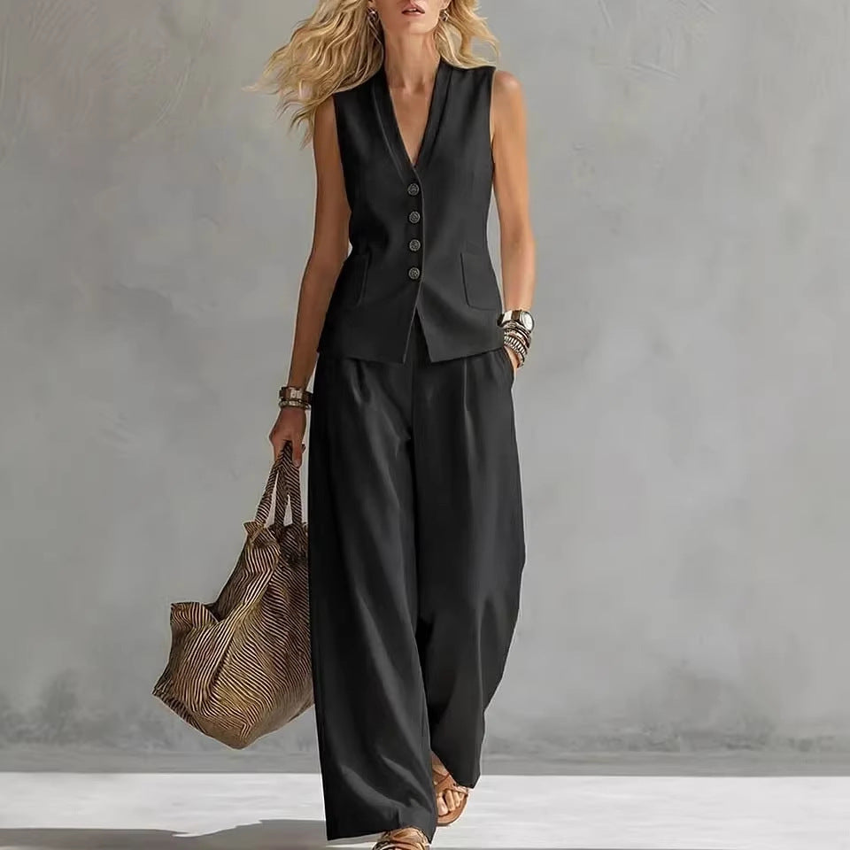 Two-piece V-Neck Sleeveless Vest And Wide Leg Pants For Women Summer Solid-Colored Sleeveless Casual Linen Tank Top And Pants Set