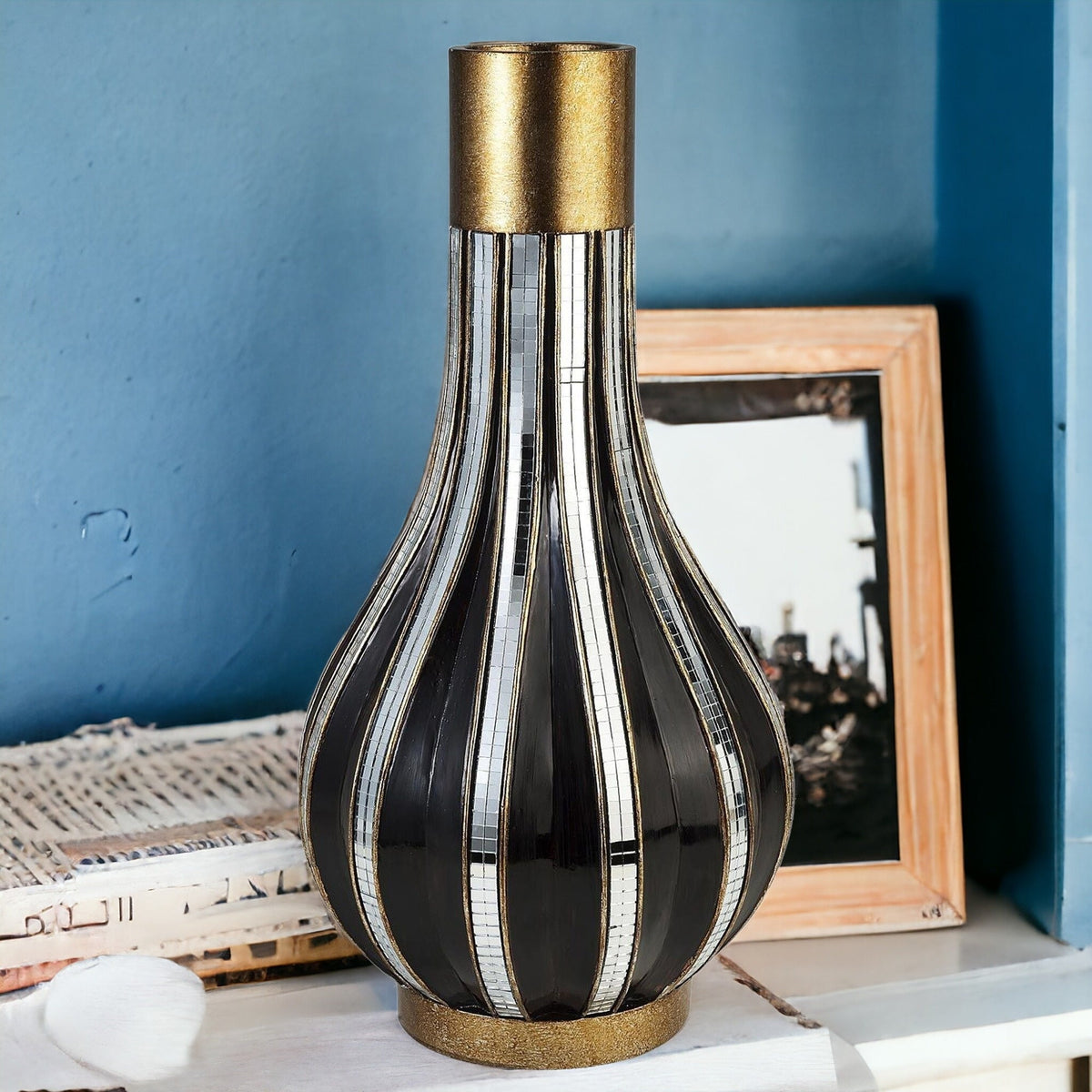 16" Gold and Black Striped Bud Polyresin Table Vase