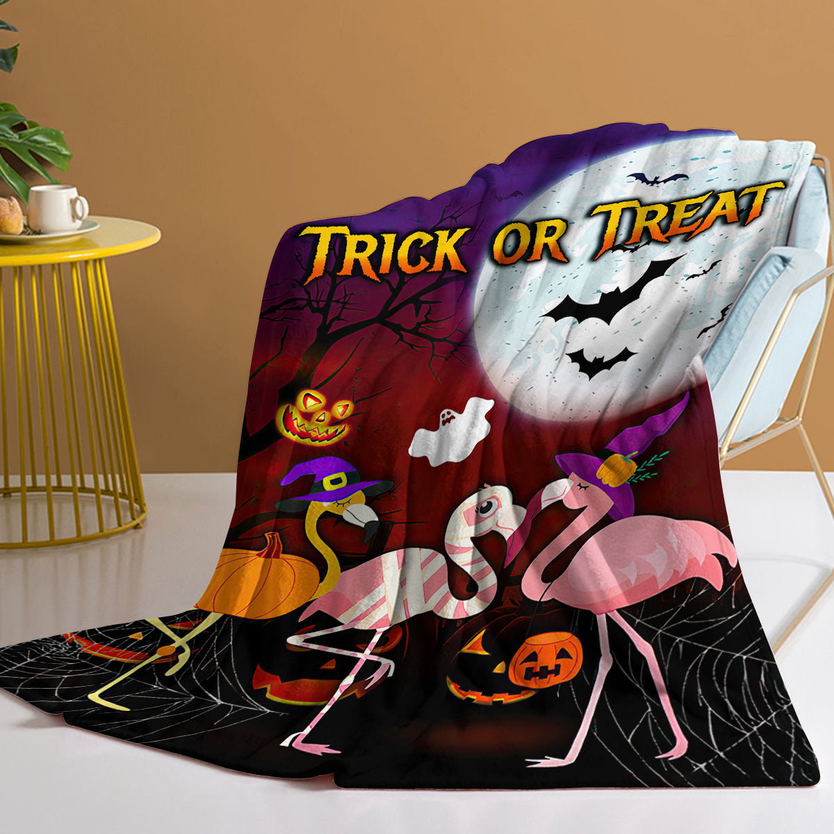 1pc Halloween-themed Pink Flamingo Print Flannel Blanket, Cozy And Warm For Home Use Bed, Sofa, Camping, And Multi-scenario Application Suitable For All Seasons