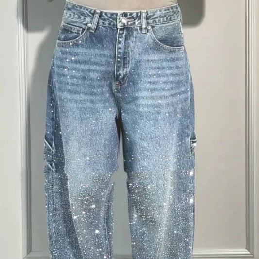 Ins Shiny Straight Jeans With Pockets Fashion Loose Wide-leg Pants For Women Street-style Trousers