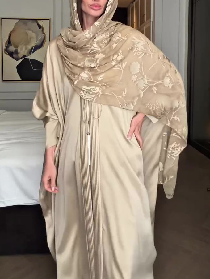 Light Beige Satin Floral Jacquard Pleated Longline Kimono Cardigan