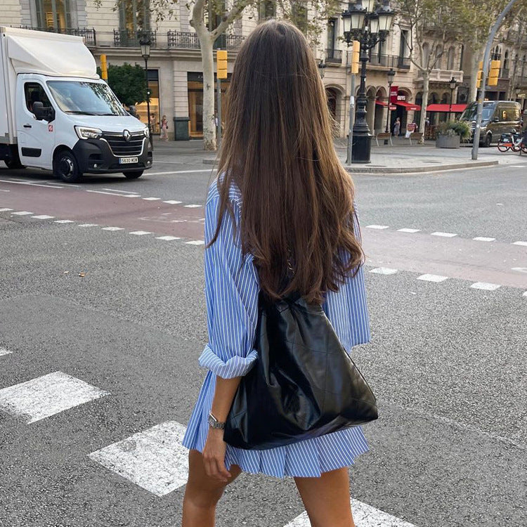 Fashionable Striped Collared Long-sleeved Shirt And Skirt Set