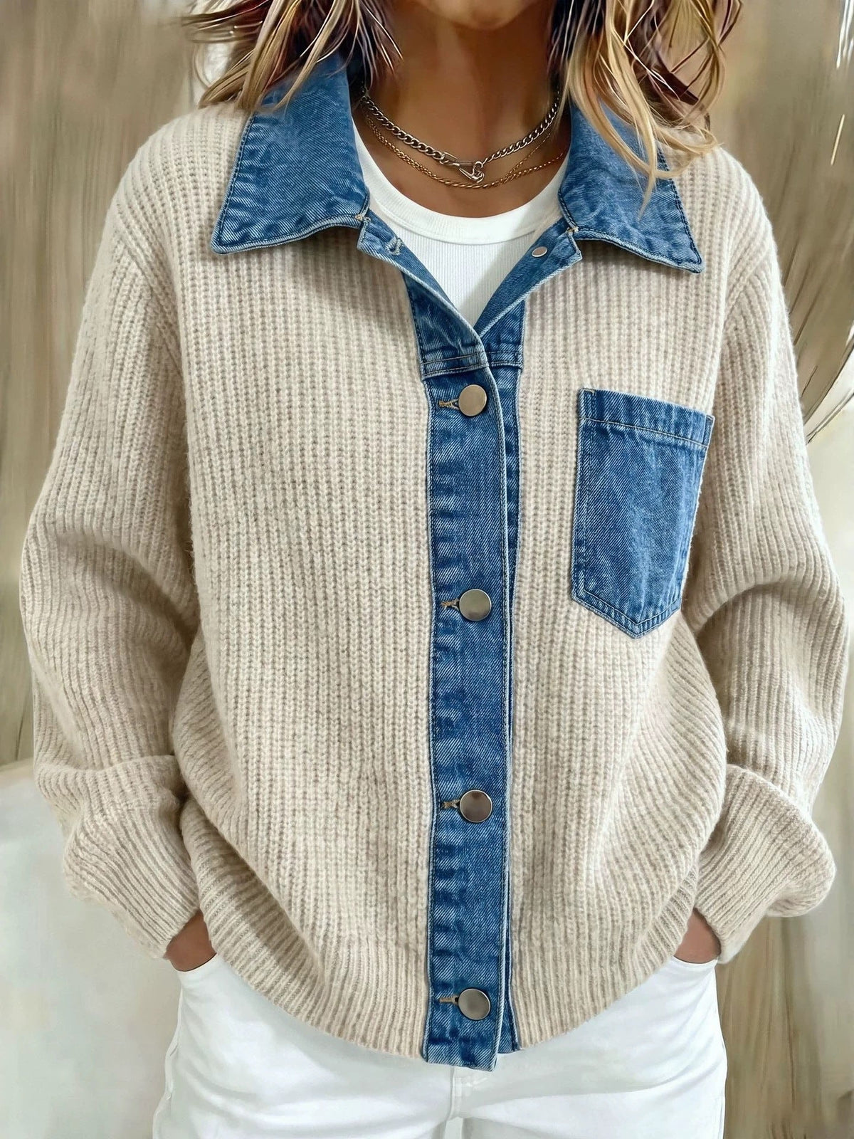 2026 European And American Cross-border Denim Patchwork Knit Cardigan For Women, Loose And Casual Style, Color-block Long-sleeve Sweater Jacket