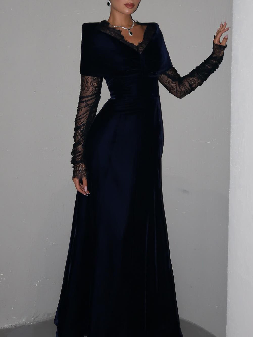 Navy Blue Velvet Lace Long-Sleeve Gown