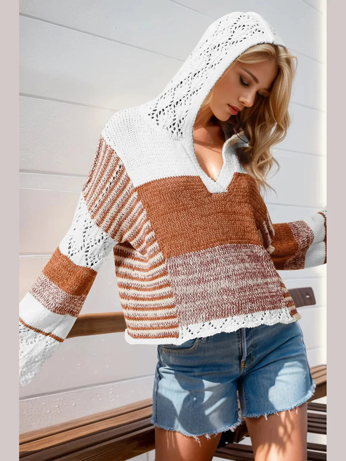 Women Double Take Full Size Openwork Contrast Long Sleeve Hooded Sweater