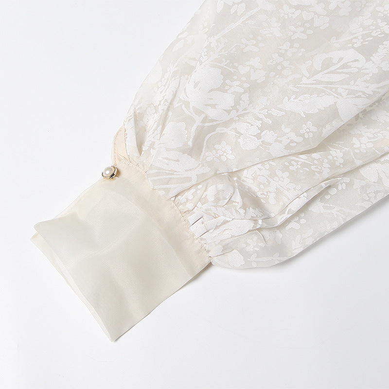 Floral Embroidery Wrap Belted Bishop Sleeve Blouse