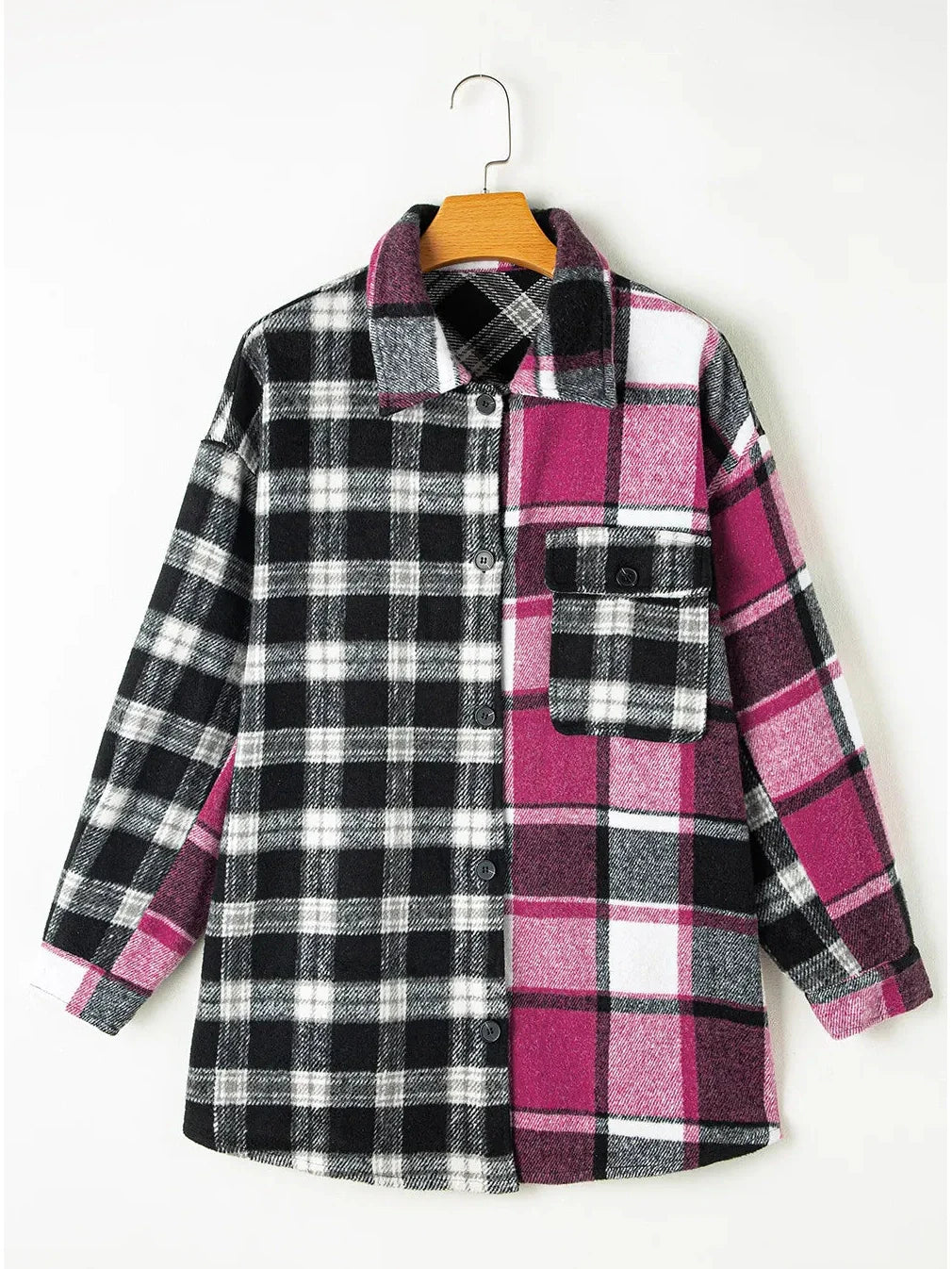 Women Pocketed Plaid Collared Neck Long Sleeve Shacket