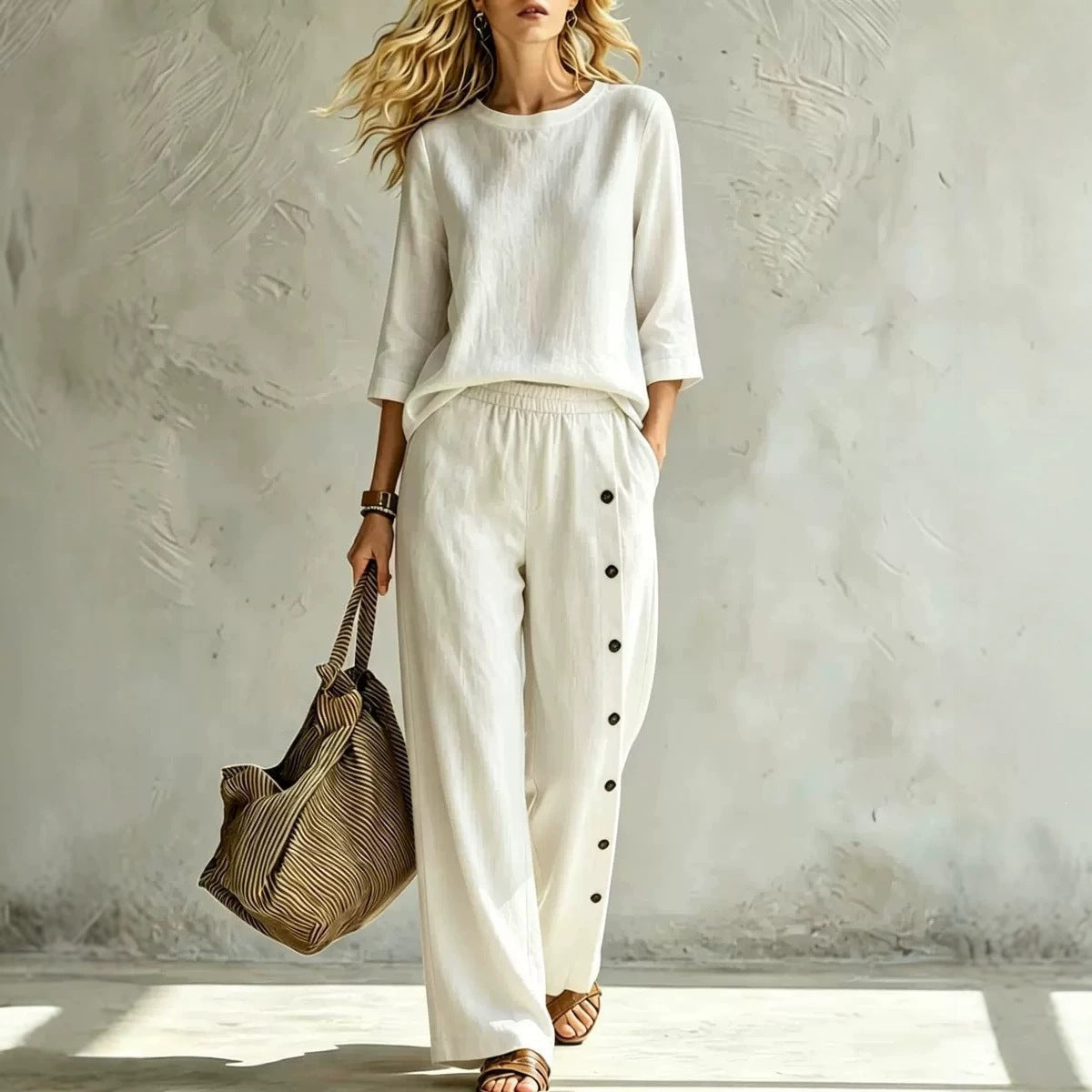2026 European And American Women's Fashionable Solid Color Buckle Design Casual Loose Two-piece Set