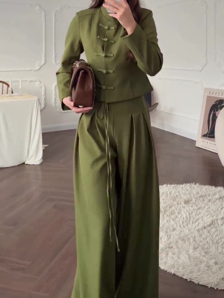 Mandarin Collar Knot Crop Top & Drawstring Wide Leg Pants 2-Piece Set