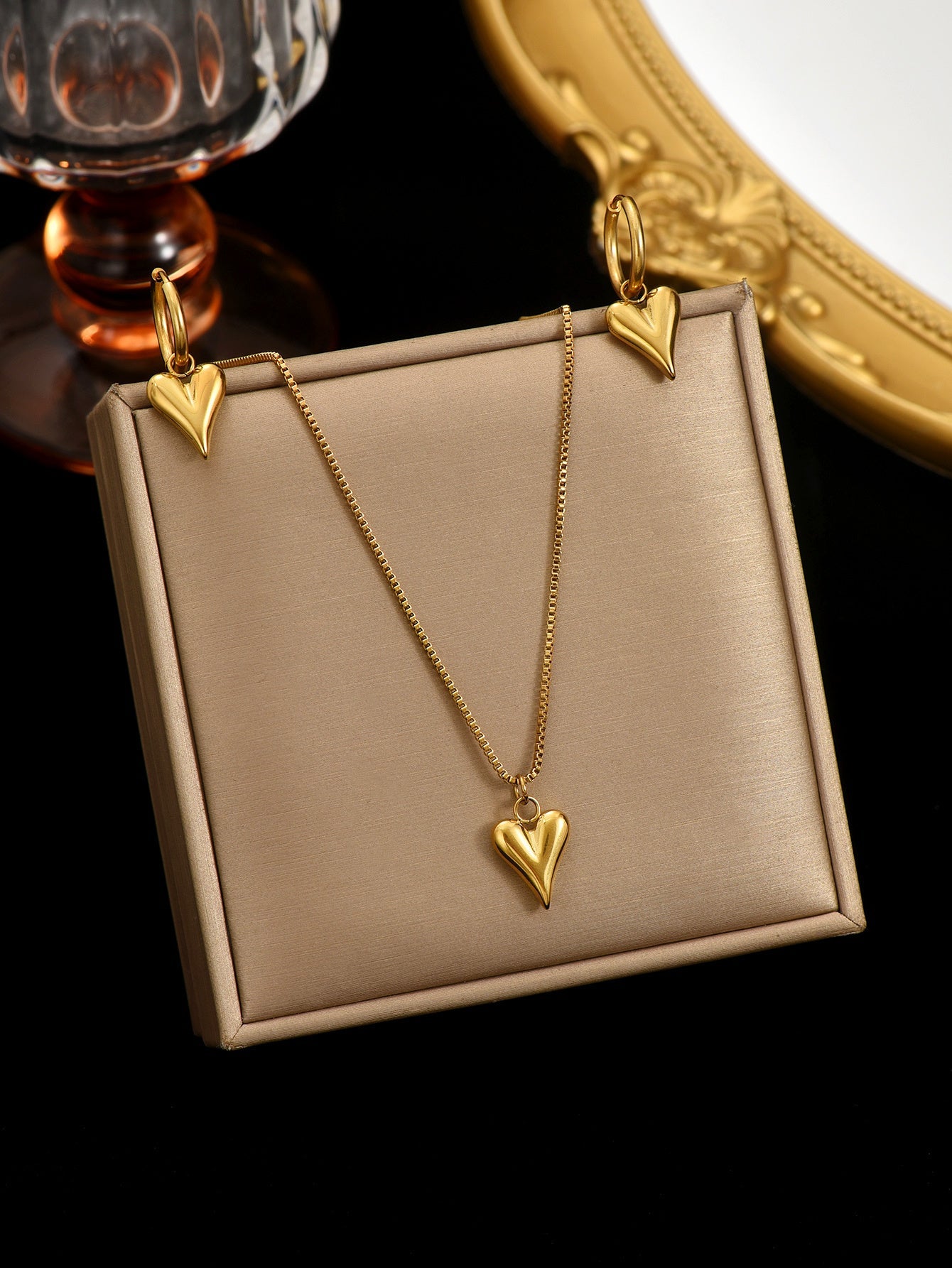Lxalry 18K Gold Plated Stainless Steel Heart Mirror Jewelry Set  Hypoallergenic Skin Safe Necklace   Earrings For Daily Evening Wear Never Fade Handmade Luxury Gift For Her