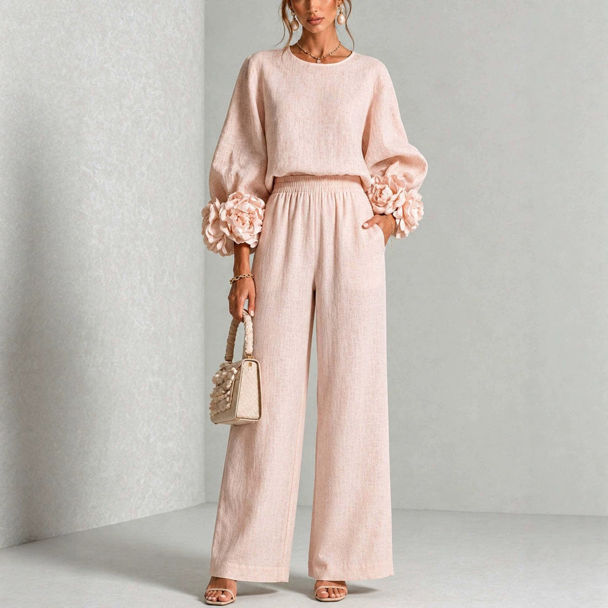 2026 New Beige European And American Style Floral Cuff Top And Wide Leg Pants Set