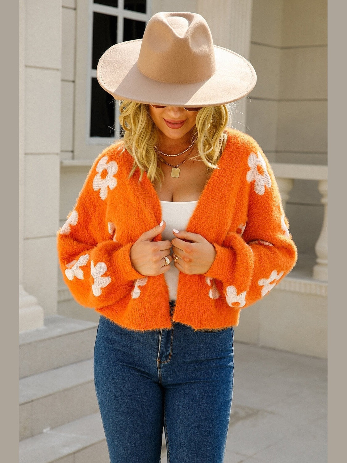 Women Floral Open Front Fuzzy Cardigan Sweater