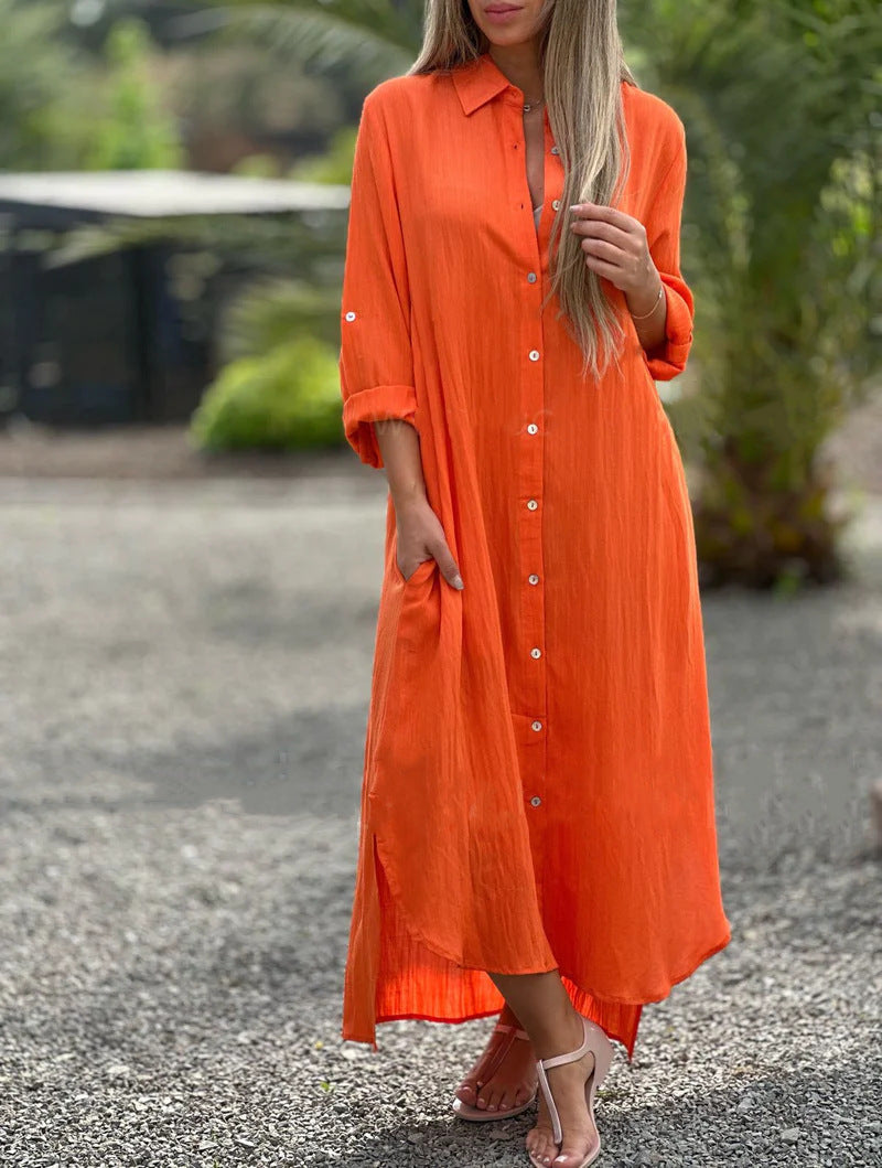 2026 Women's Dress, Cotton And Linen Shirt, Long Skirt, Fashionable Casual Long Sleeved Cardigan Dress