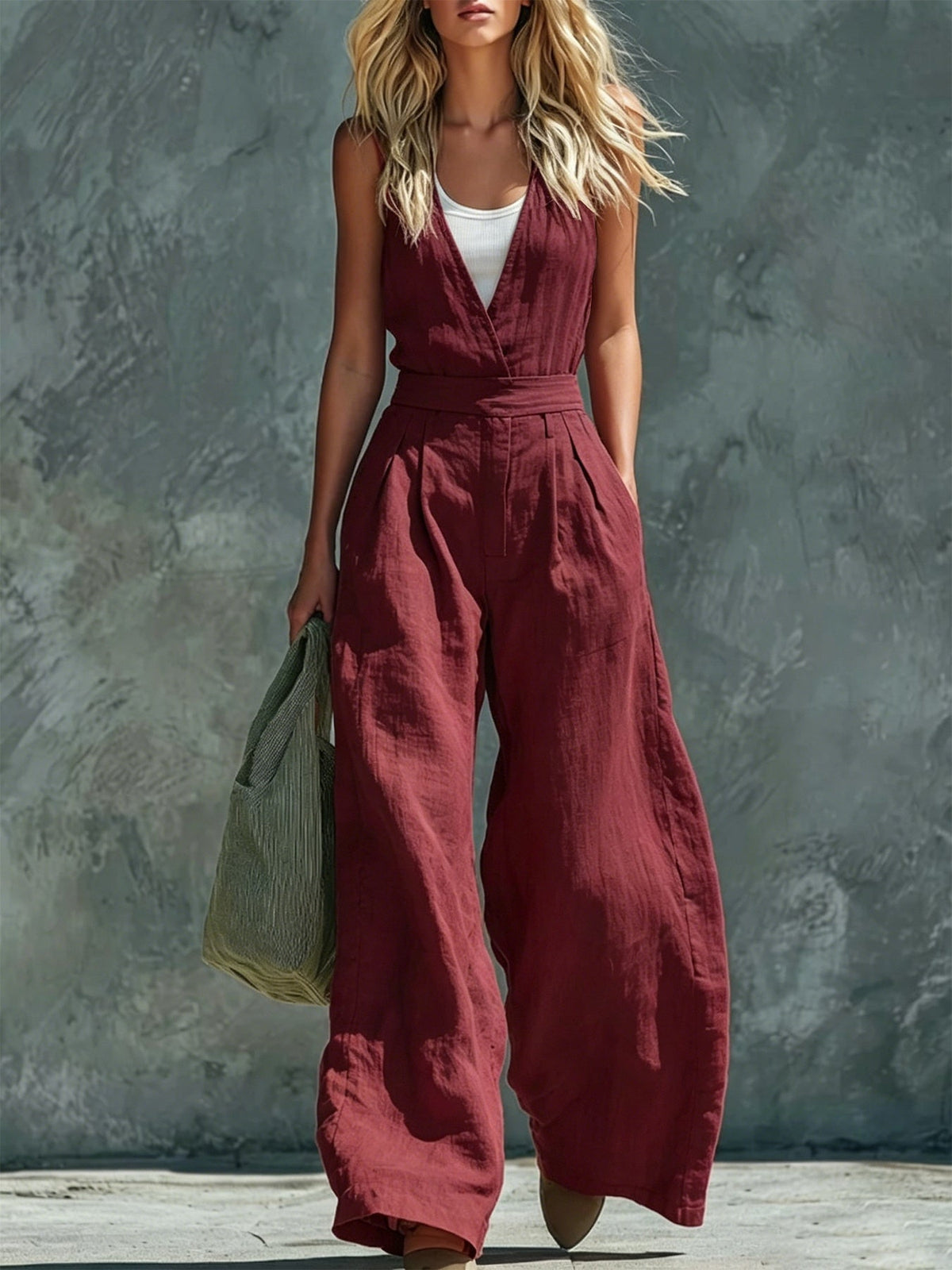 2026 Red Flame Evening Breeze Linen Jumpsuit