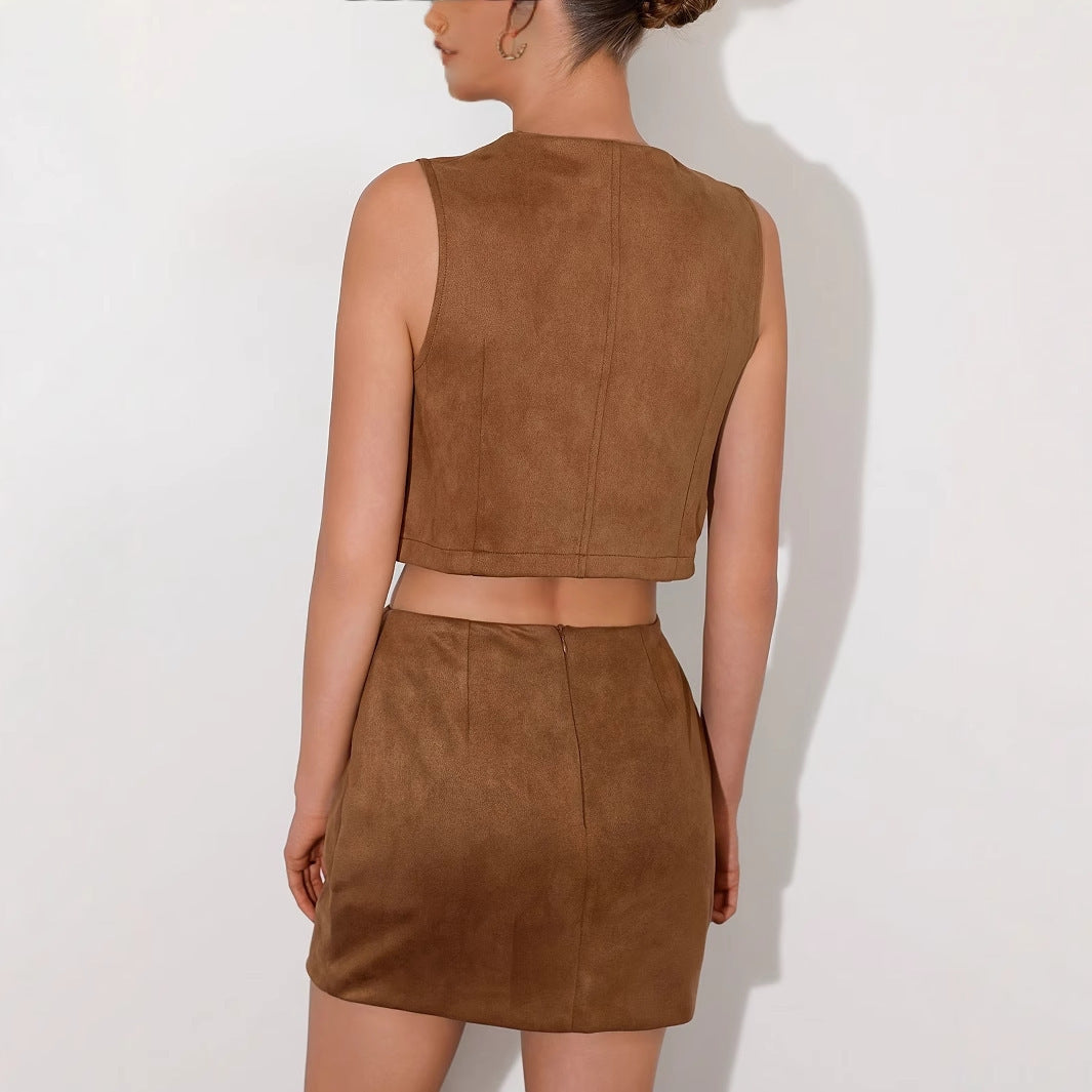 Western Denim Style V-neck Tassel Short Slim Fit Women's Sleeveless Vest Jacket Set