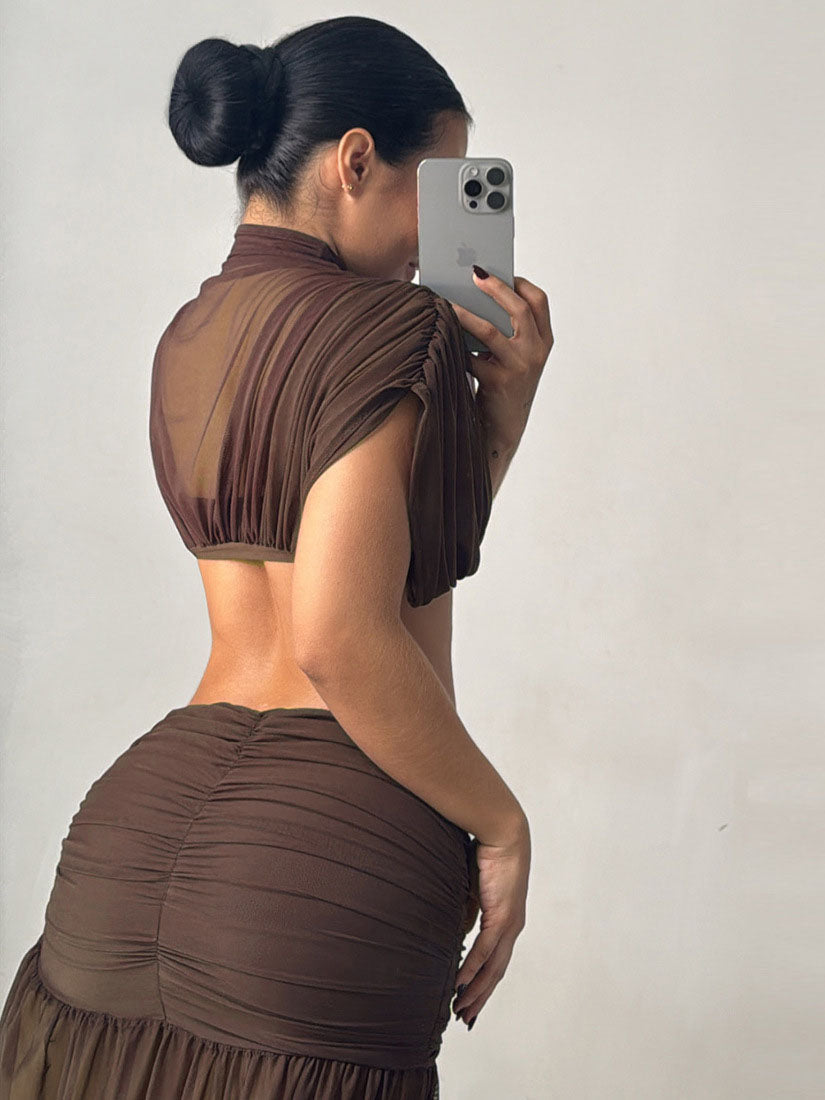 Crop Top And Solid Color Slit Skirt Set