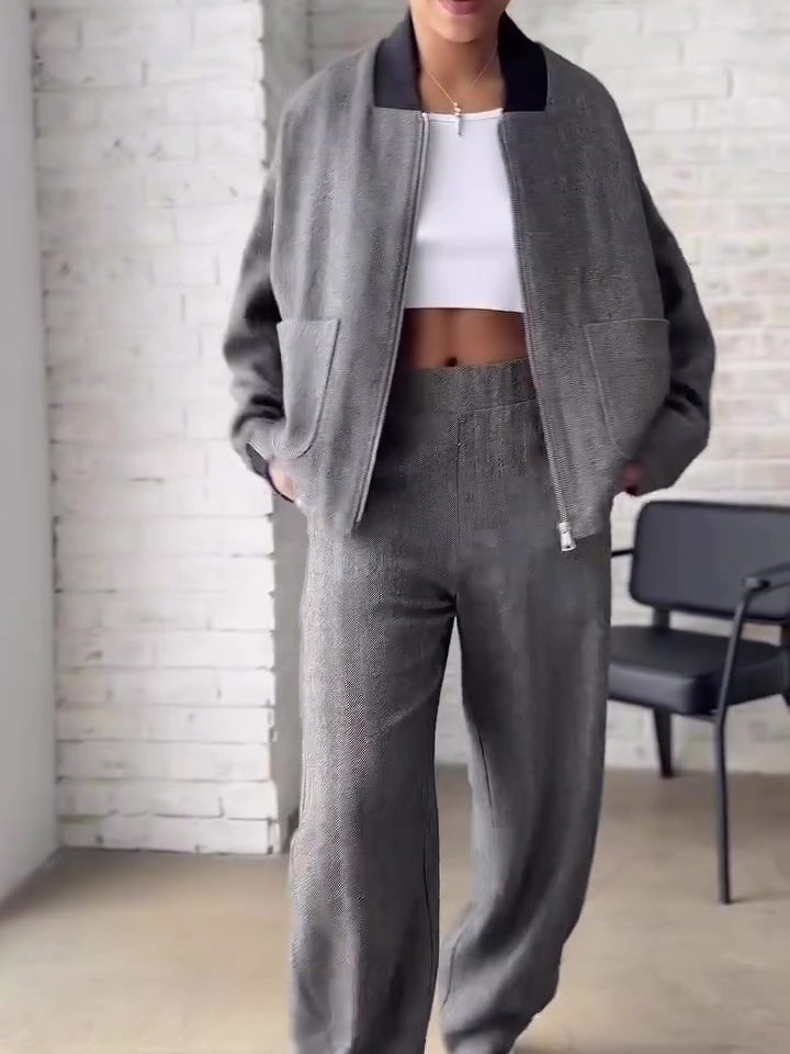 Dark Grey Textured Baseball Collar Zip Jacket & Wide-Leg Pants Set