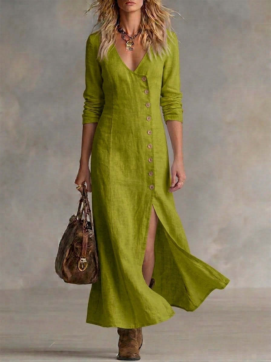Fashionable Casual Cotton-Linen Long-Sleeve Womens Dress