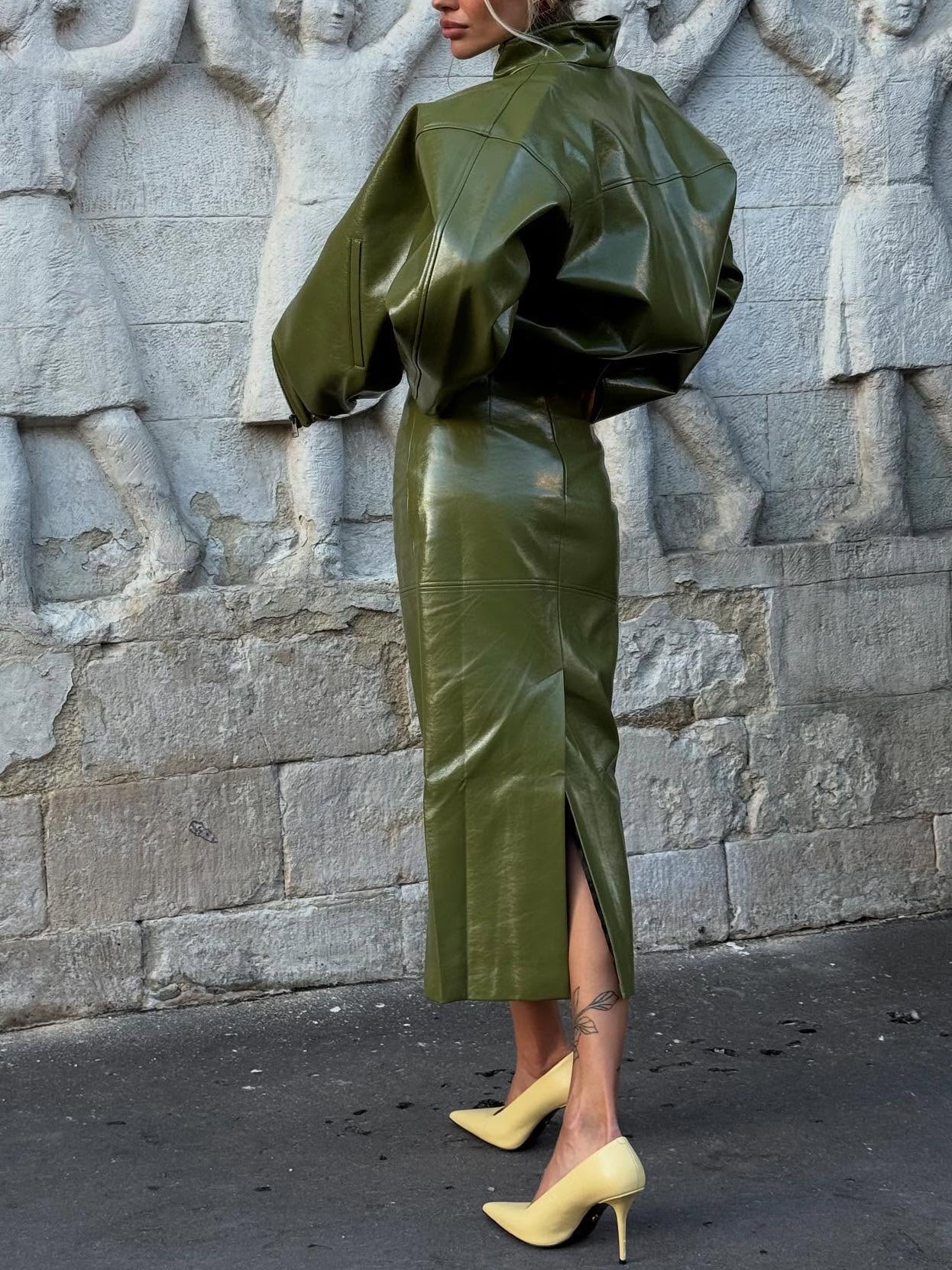 Olive Green Faux Leather Jacket And Midi Skirt Set