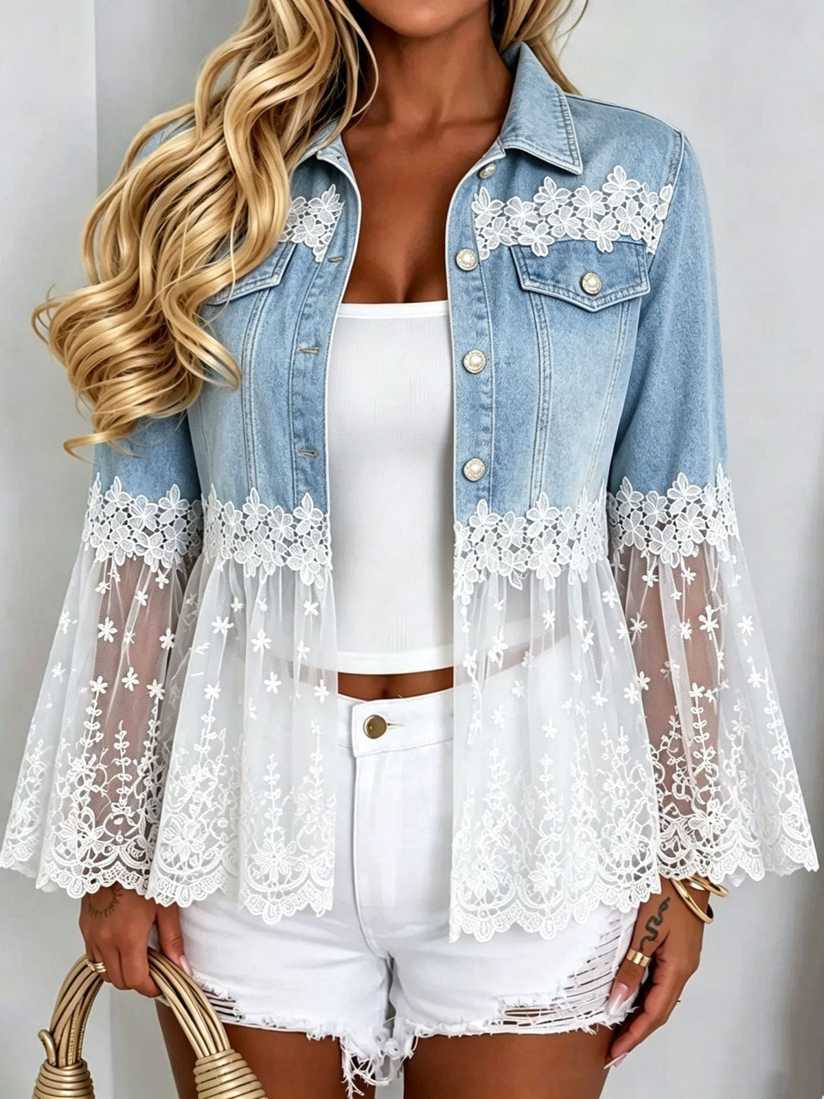 2026 Autumn Cross-Border Amazon AliExpress Temu Shein Lace Mesh Patchwork Bell Sleeve Denim Jacket
