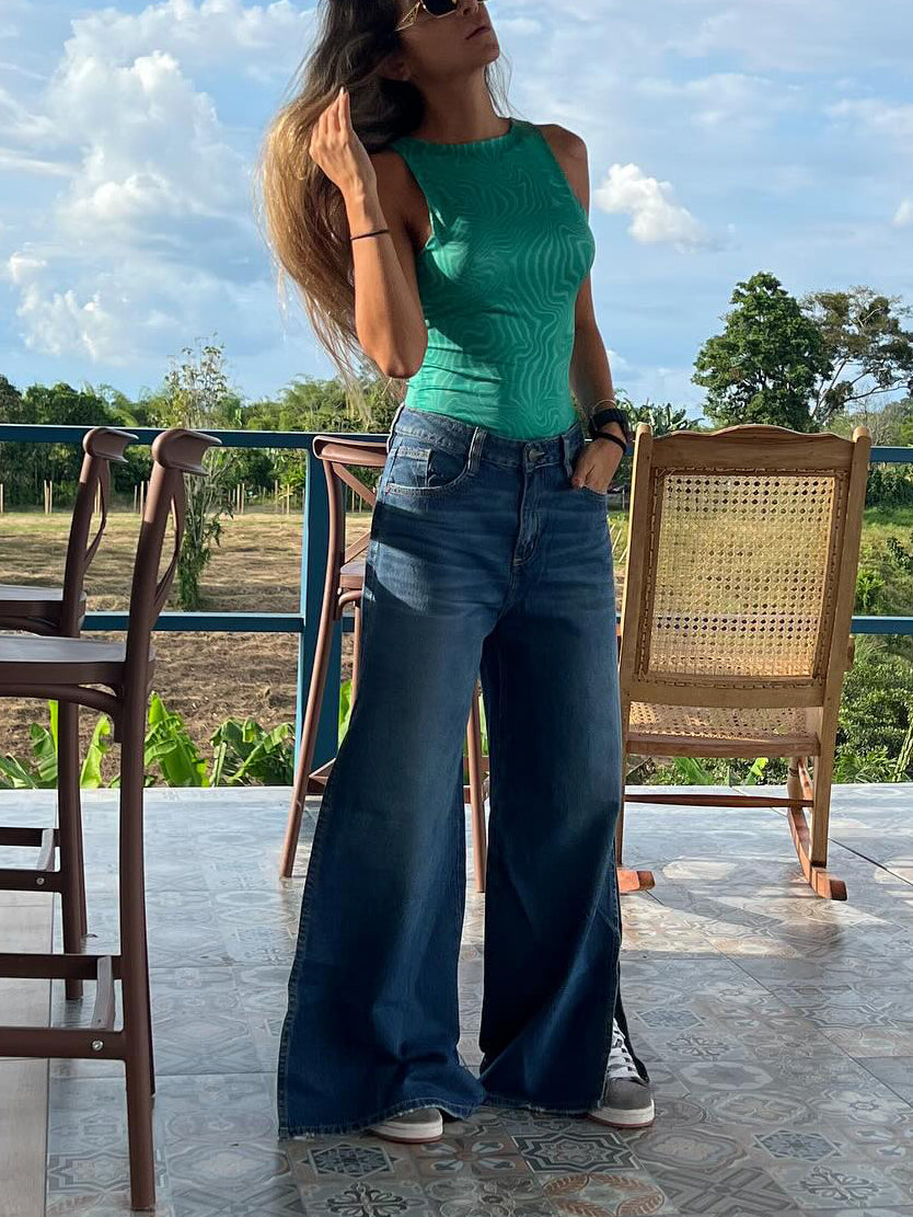 Blue Denim High - Waisted Ultra - Wide - Leg Jeans With Side Slit