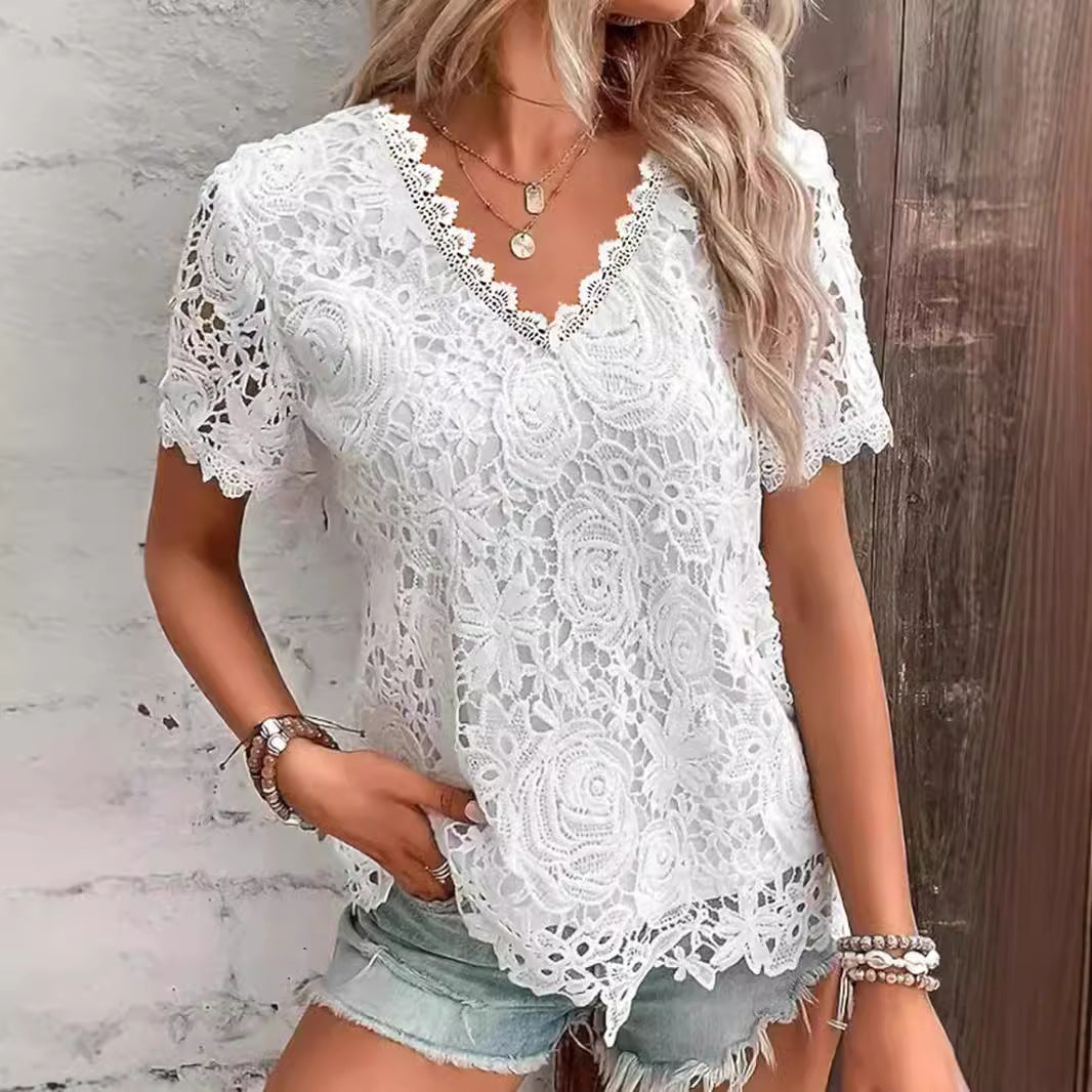 2026 New European And American Women's Fashion Versatile Top Sexy Lace Short Sleeved T-shirt