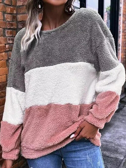 Women Color Block Round Neck Long Sleeve Sweatshirt