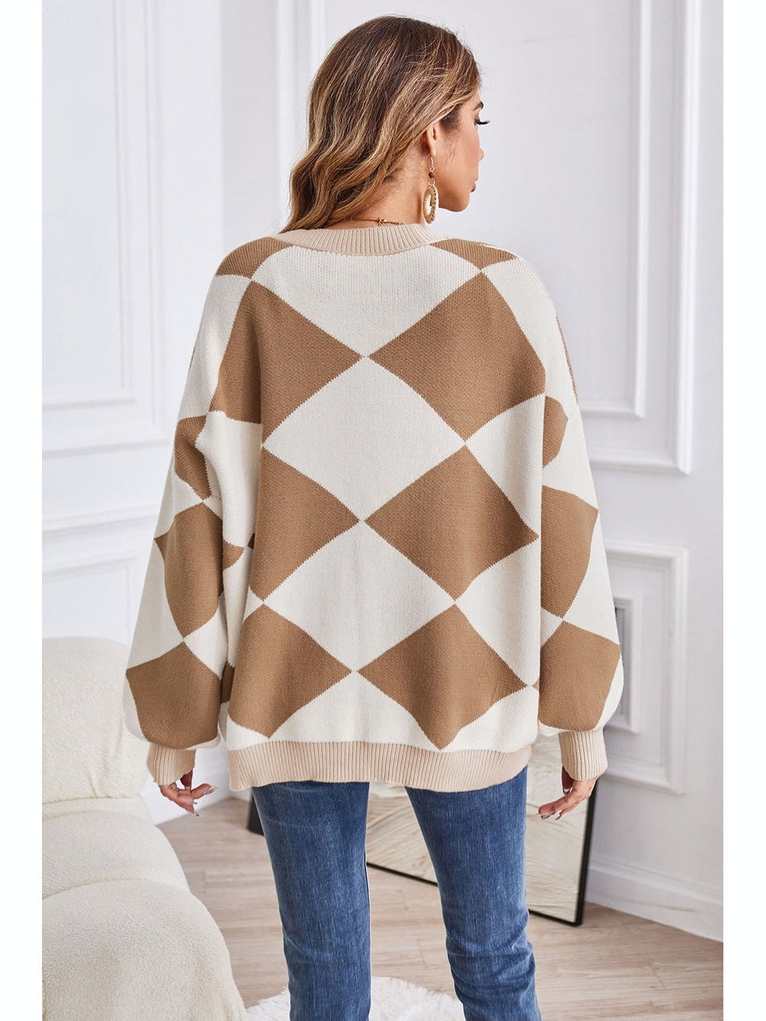 Women Geometric Lantern Sleeve Cardigan with Pockets