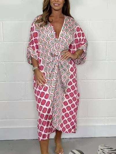 V-neck Printed Plus Size Loose Waist Dress Women
