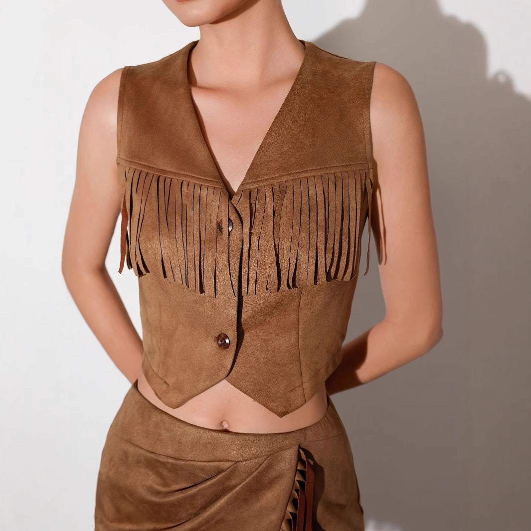 Western Denim Style V-neck Tassel Short Slim Fit Women's Sleeveless Vest Jacket Set