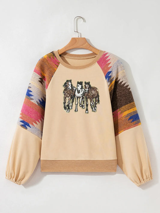 Women Sequined Western Horses Bubble Sleeve Sweatshirt
