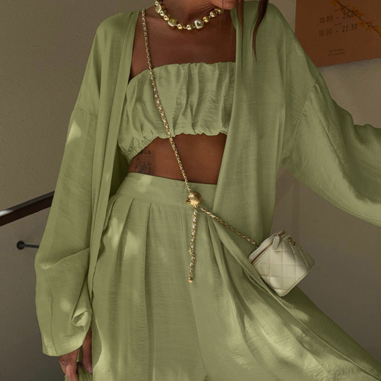 Sage Green 3-Piece Loungewear Set - Crop Top, Kimono Cardigan & Wide Leg Pants