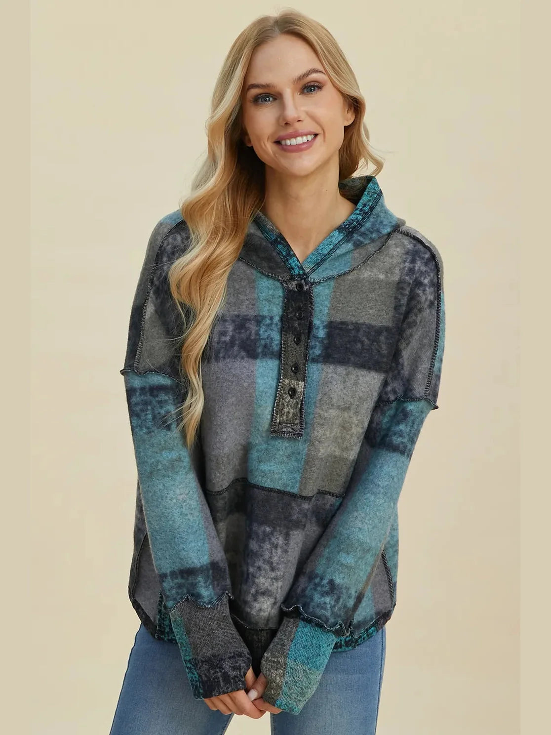 Double Take Full Size Plaid Dropped Shoulder Fleece Hoodie