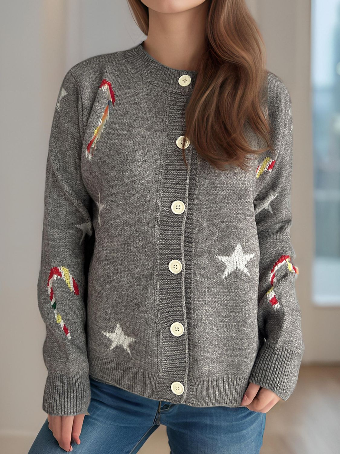 Women Candy Cane & Star Button Down Long Sleeve Christmas Cardigan