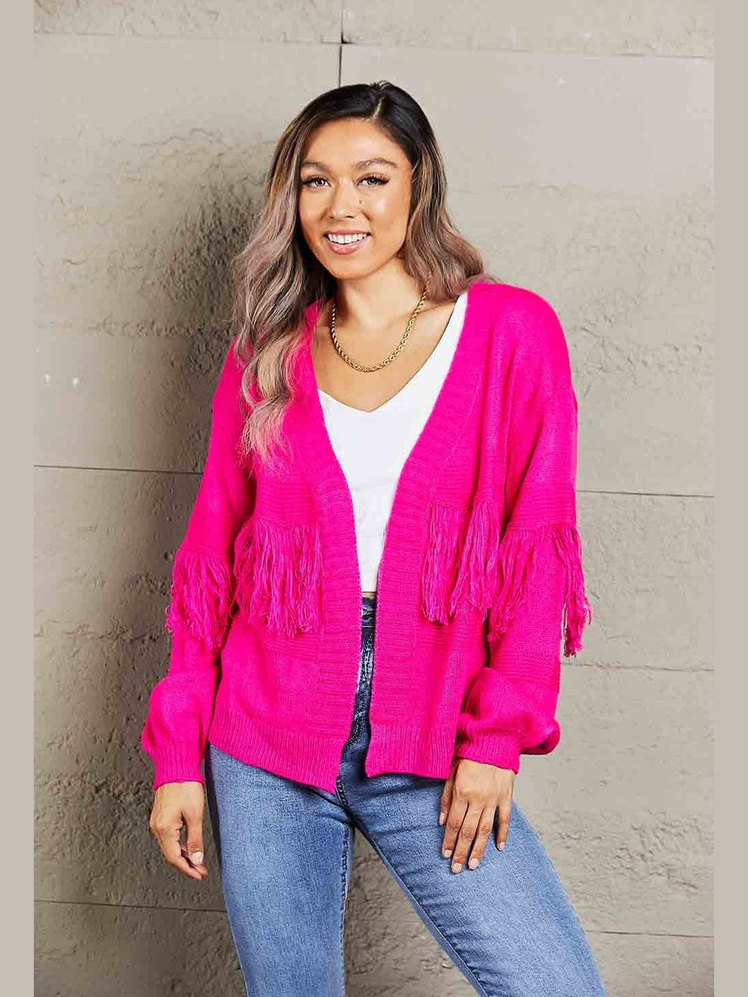 Women Double Take Fringe Trim Open Front Cardigan Sweater
