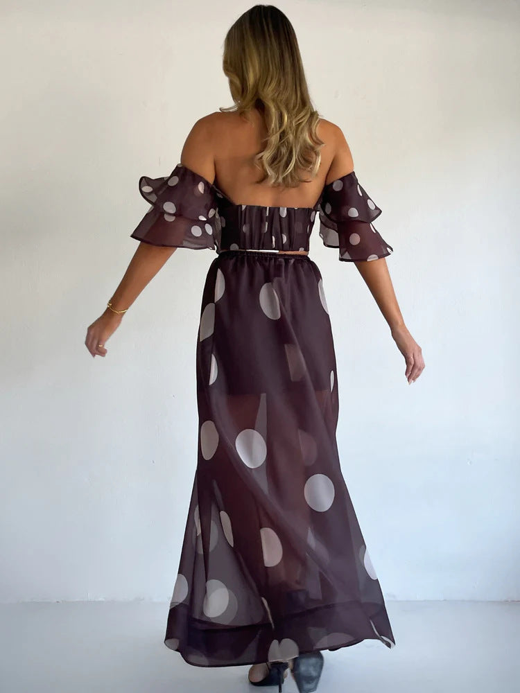 Sexy Strapless Irregular Print Ruffled Fashion Suit Long Dress