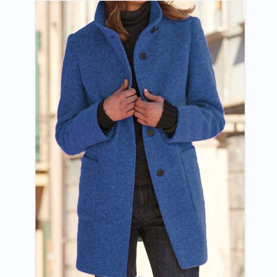 Women's Stand Collar Woolen Coat - Slim Fit Fall and Winter Button Front Trench Coat with Pockets