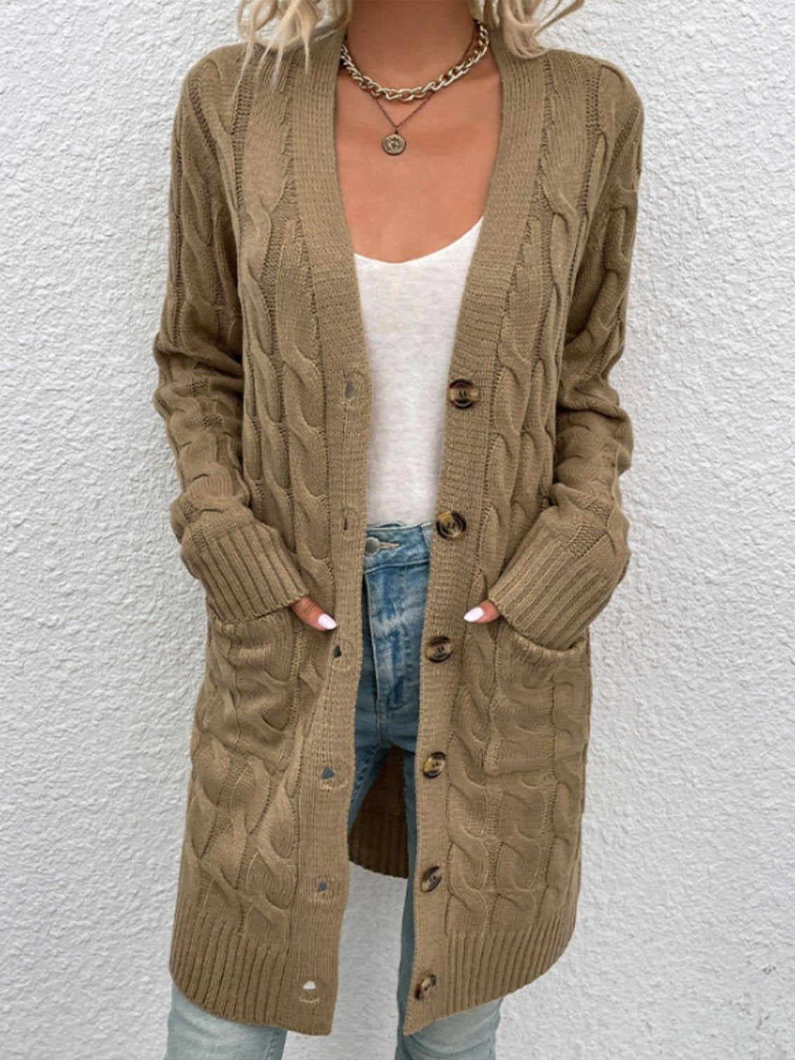 Women Cable-Knit Button Down Cardigan with Pockets