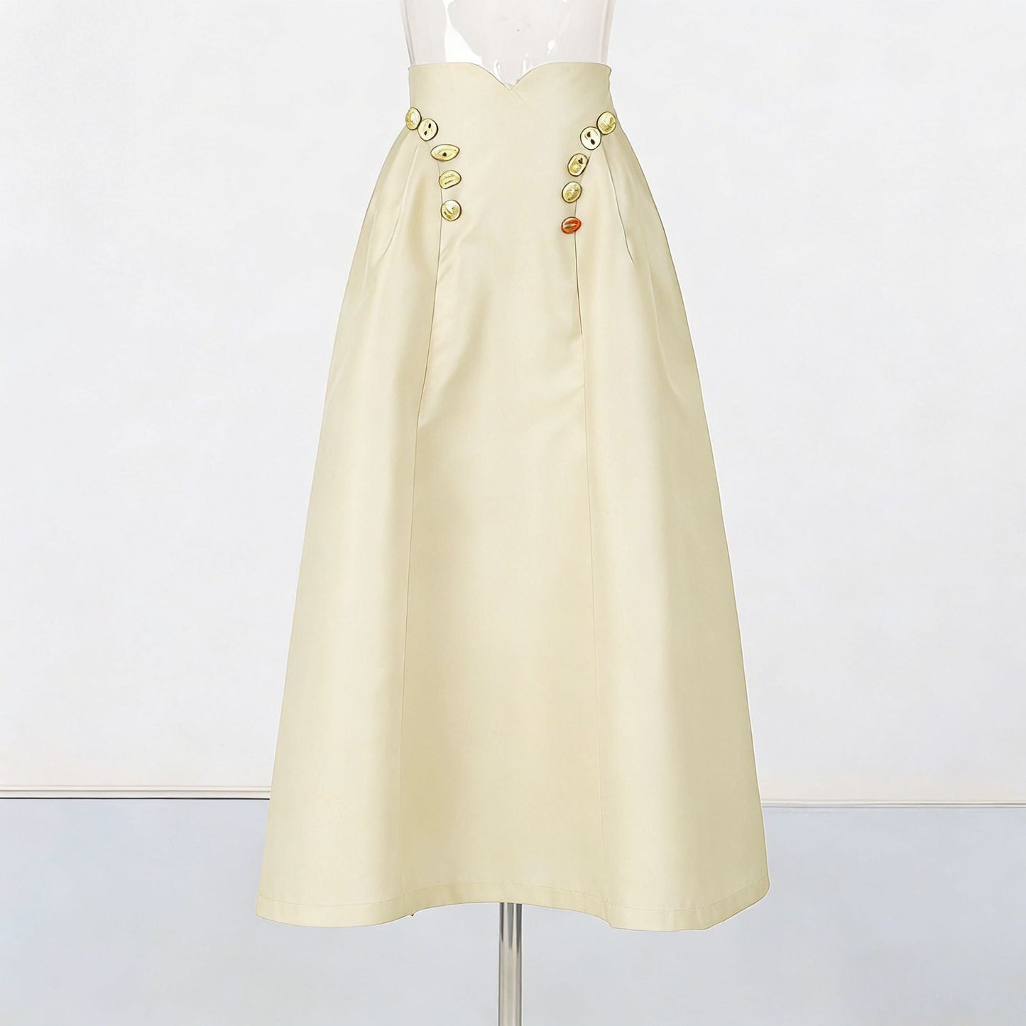 Irregularly Shaped Button-decorated Pleated Midi Skirt