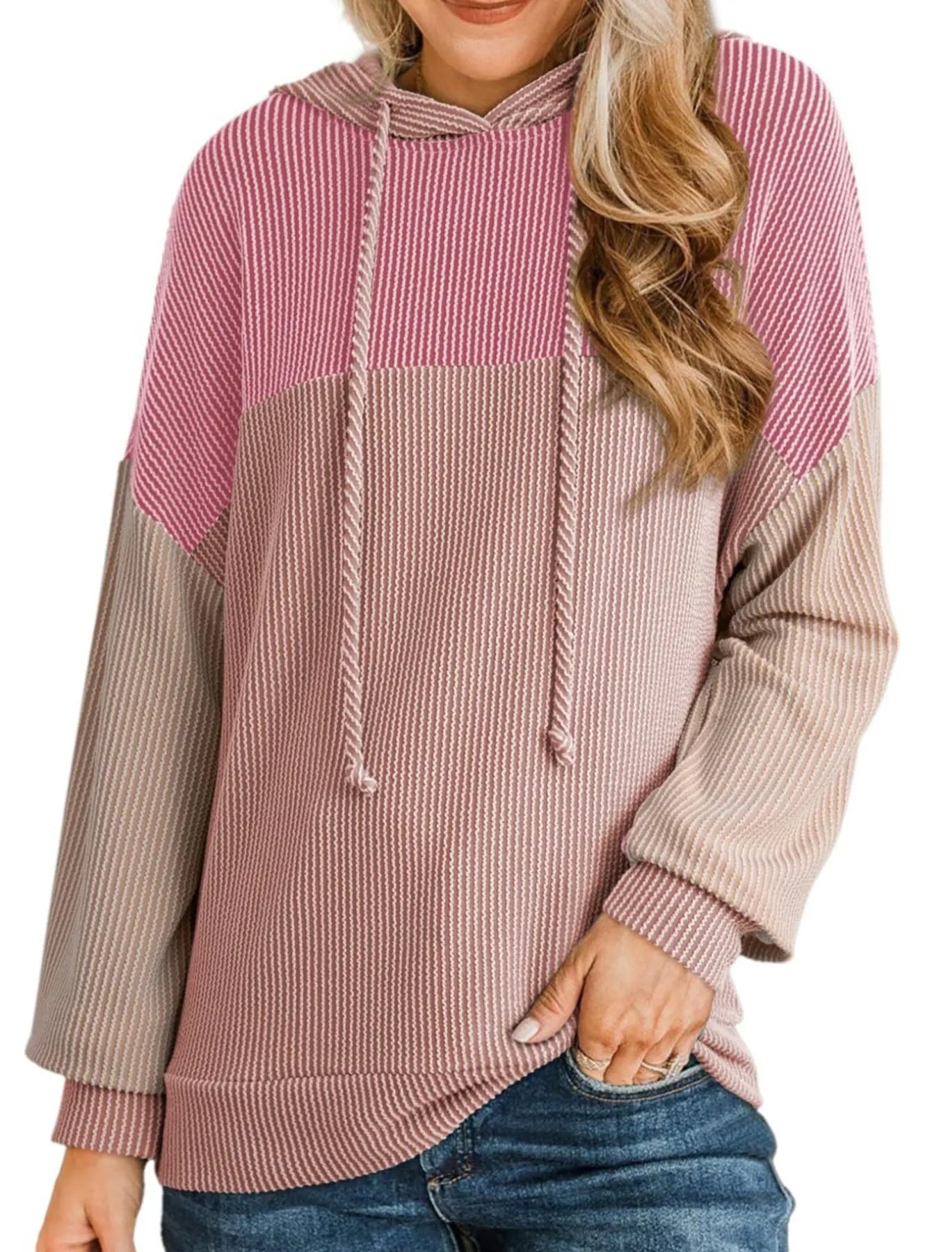Drawstring Color Block Long Sleeve Hoodie