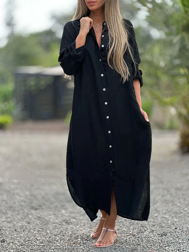 2026 Women's Dress, Cotton And Linen Shirt, Long Skirt, Fashionable Casual Long Sleeved Cardigan Dress
