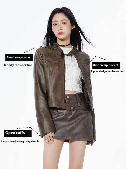Short Leather Jacket Slim Brown Jacket Motorcycle Jacket