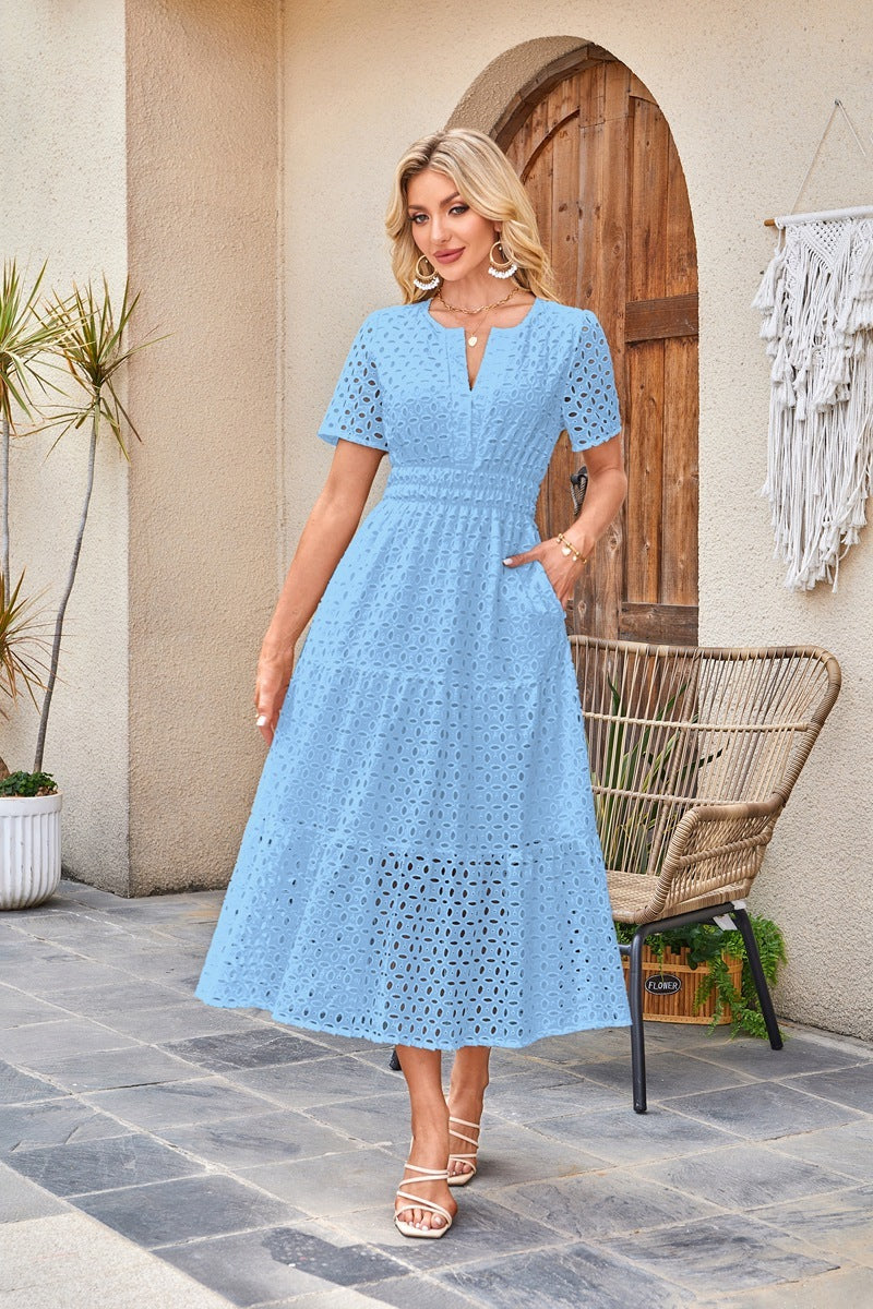 V-neck Hollow Pleated Short Sleeves Long Dress