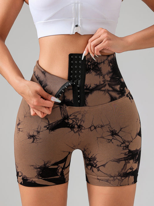 Tie Dye Button Everyday Wear Spring Summer Sports Shorts, High Waist Butt Lift Tie Dye Shorts, Women's Summer Yoga Wear Fitness Shorts Running Sports Fitness Yoga Shorts