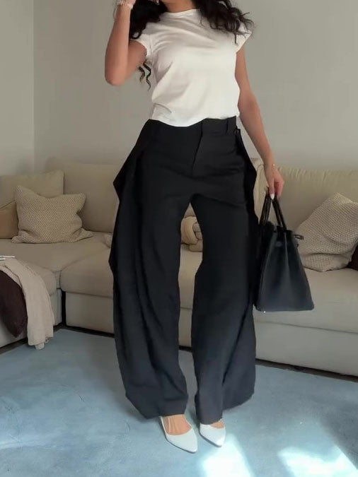 High Waist Draped Wide Leg Suit Pants