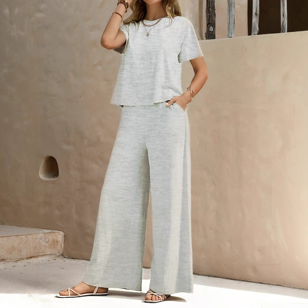 Women's Summer Fashion Solid Color Round Neck Top Paired With Casual Wide Leg Pants Set