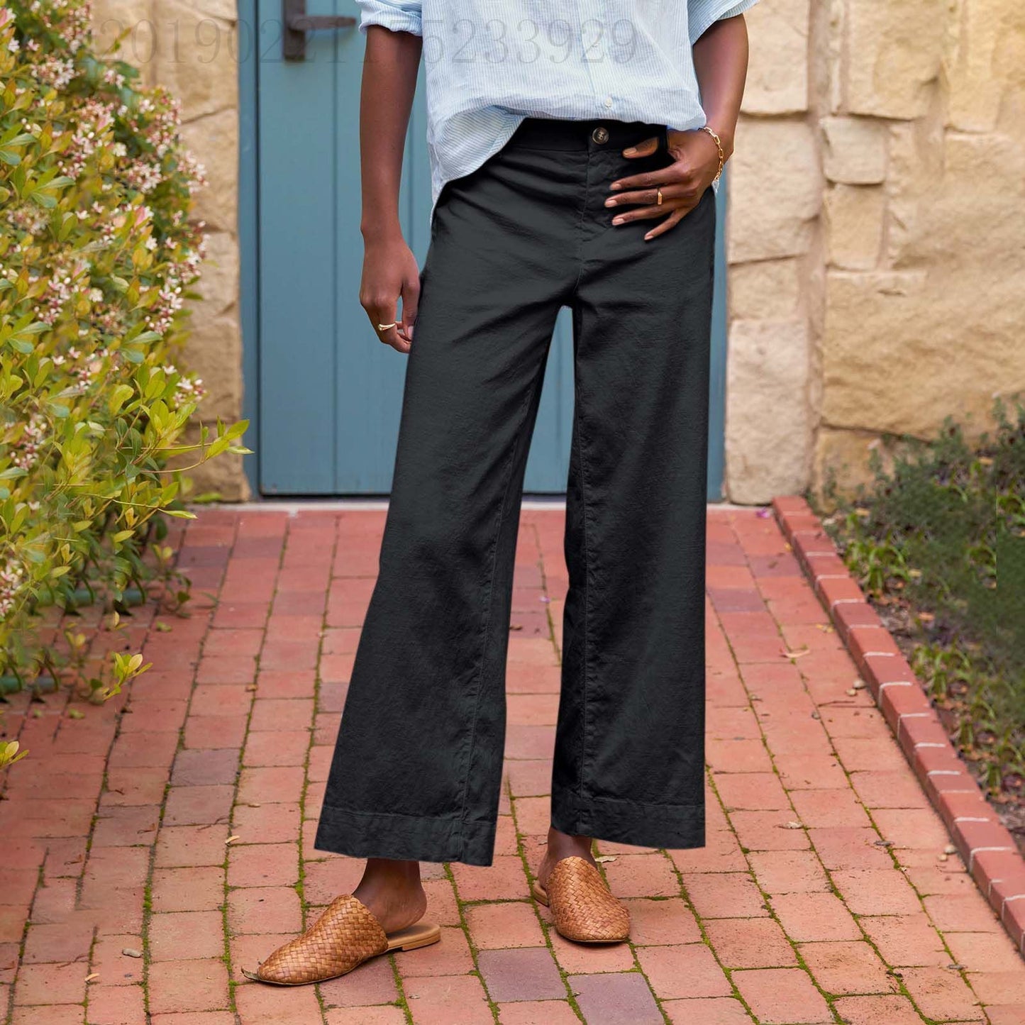 European And American Style High-Waisted Solid Color Cropped Flared Loose Wide-Leg Womens Trousers With Buttons
