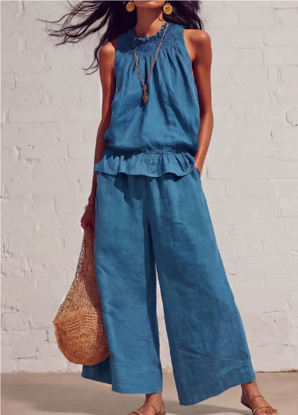 Summer Sleeveless Suit Fashion Ruffled Vest Top And Straight-leg Pants Women's Two-Piece Set
