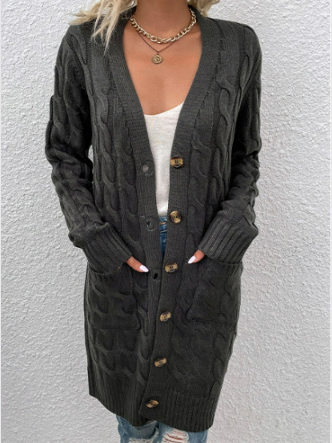 Women Cable-Knit Button Down Cardigan with Pockets